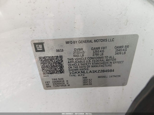45086831 :رقم المزاد ، 1GKKNLLA1KZ284984 vin ، 2019 Gmc Acadia Sle-2 مزاد بيع
