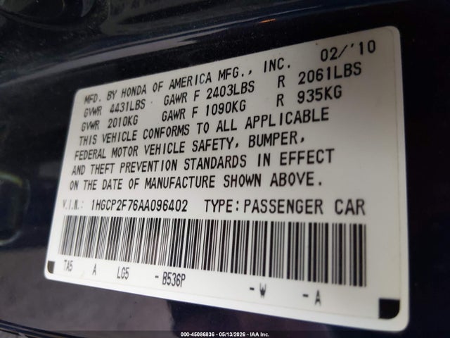 Aukcja sprzedaży 2010 Honda Accord 2.4 Ex, vin: 1HGCP2F76AA096402, numer aukcji: 45086836
