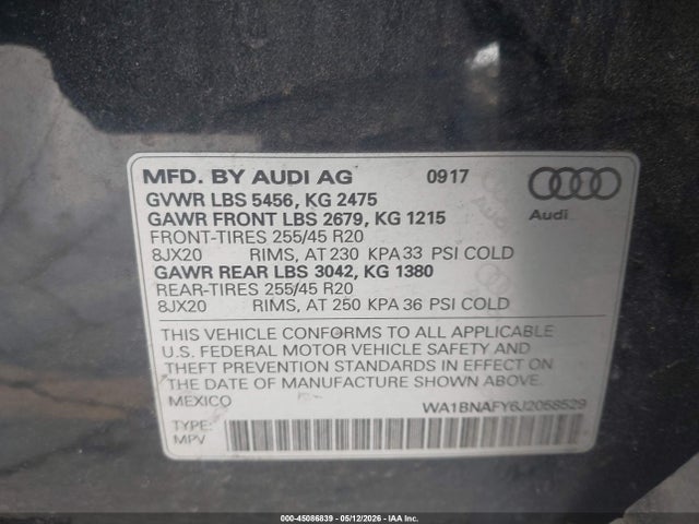 2018 Audi Q5 2.0t Premium/2.0t Tech Premium მანქანა იყიდება აუქციონზე, vin: WA1BNAFY6J2058529, აუქციონის ნომერი: 45086839