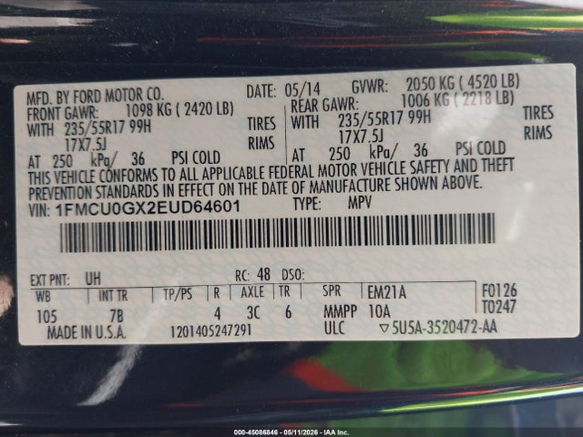 45086846 :رقم المزاد ، 1FMCU0GX2EUD64601 vin ، 2014 Ford Escape Se مزاد بيع