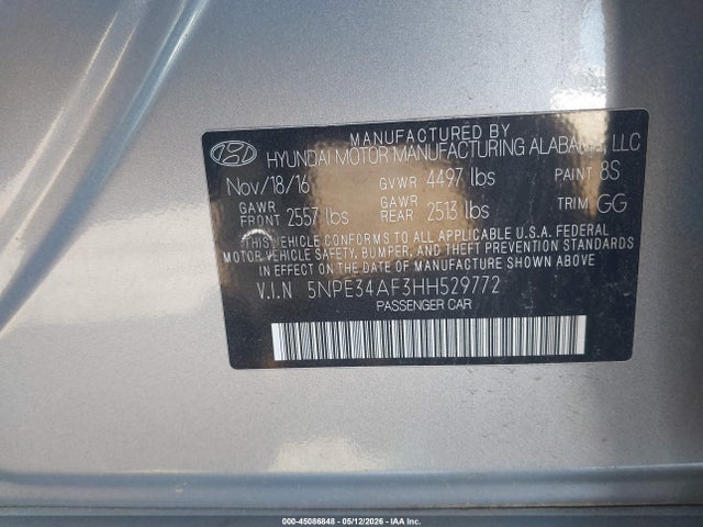 45086848 :رقم المزاد ، 5NPE34AF3HH529772 vin ، 2017 Hyundai Sonata Limited مزاد بيع