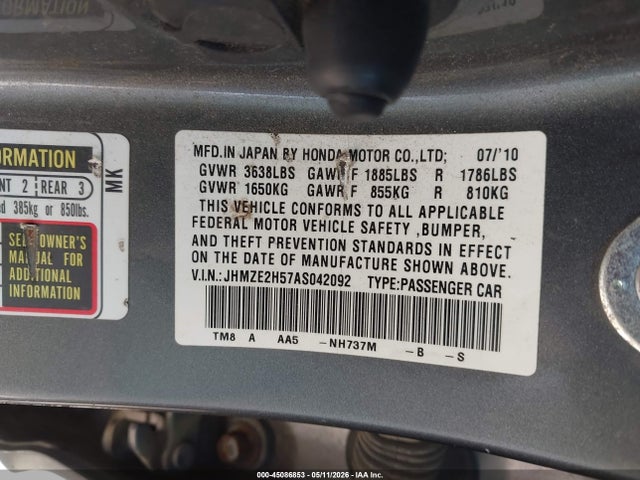 Aukcja sprzedaży 2010 Honda Insight Lx, vin: JHMZE2H57AS042092, numer aukcji: 45086853