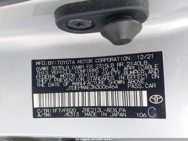 Aukcja sprzedaży 2022 Toyota Corolla Le, vin: JTDEPMAE3N3006464, numer aukcji: 45086856