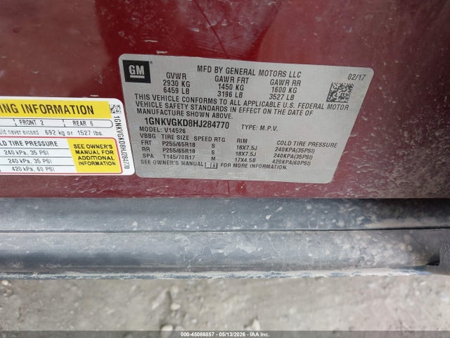 Продаж на аукціоні авто 2017 Chevrolet Traverse 1lt, vin: 1GNKVGKD8HJ284770, номер лоту: 45086857