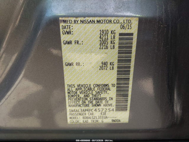 45086868 :رقم المزاد ، 1N4AL3AP4FC457254 vin ، 2015 Nissan Altima 2.5/2.5 S/2.5 Sl/2.5 Sv مزاد بيع