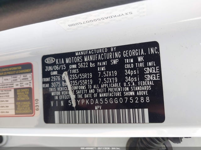 2016 Kia Sorento 3.3l Sx მანქანა იყიდება აუქციონზე, vin: 5XYPKDA55GG075288, აუქციონის ნომერი: 45086871