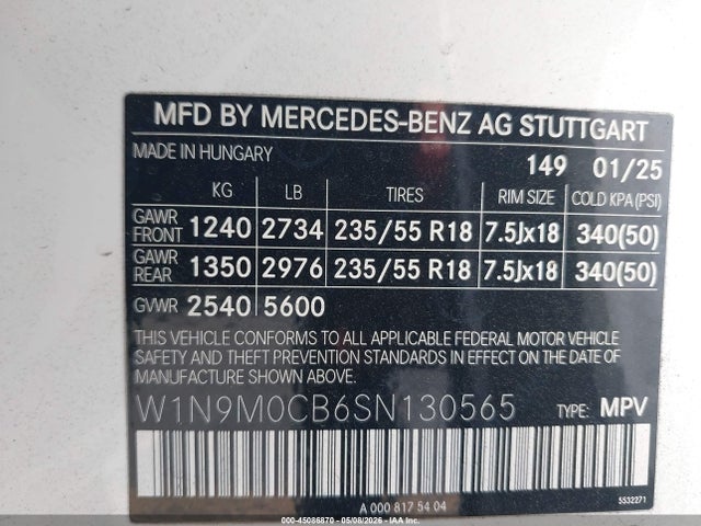 45086870 :رقم المزاد ، W1N9M0CB6SN130565 vin ، 2025 Mercedes-benz Eqb 250 Suv مزاد بيع