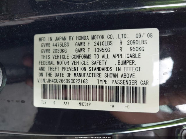 45086884 :رقم المزاد ، JH4CU26609C022163 vin ، 2009 Acura Tsx مزاد بيع