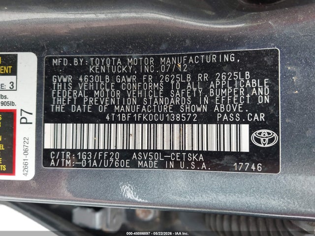 45086897 :رقم المزاد ، 4T1BF1FK0CU138572 vin ، 2012 Toyota Camry Se مزاد بيع