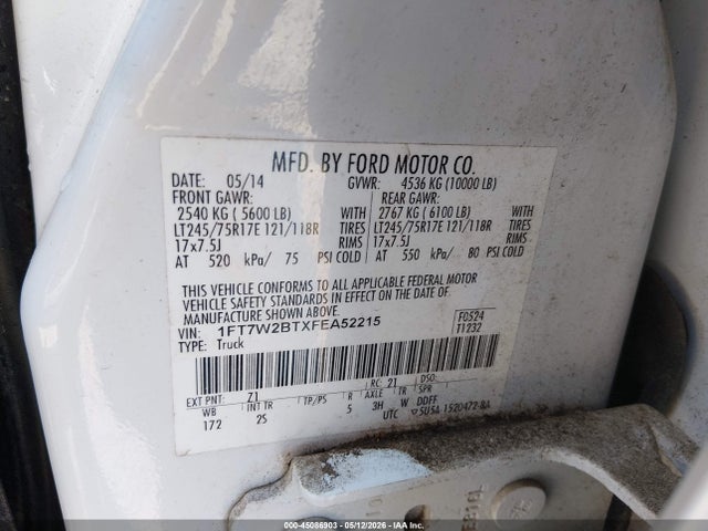 2015 Ford F-250 Xl მანქანა იყიდება აუქციონზე, vin: 1FT7W2BTXFEA52215, აუქციონის ნომერი: 45086903