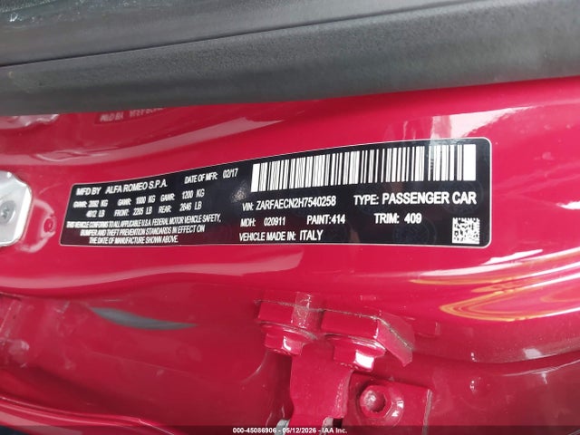 45086906 :رقم المزاد ، ZARFAECN2H7540258 vin ، 2017 Alfa Romeo Giulia Ti Rwd مزاد بيع