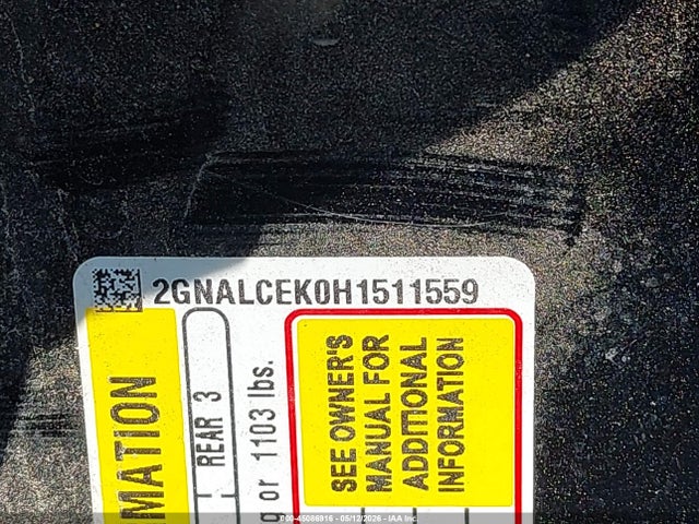 45086916 :رقم المزاد ، 2GNALCEK0H1511559 vin ، 2017 Chevrolet Equinox Lt مزاد بيع