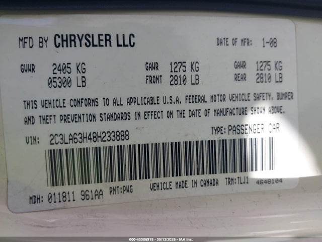 Продажа на аукционе авто 2008 Chrysler 300c Hemi, vin: 2C3LA63H48H233888, номер лота: 45086918