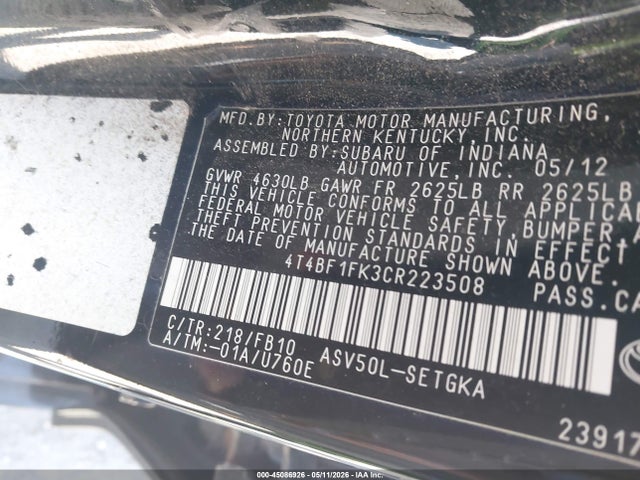 2012 Toyota Camry Xle მანქანა იყიდება აუქციონზე, vin: 4T4BF1FK3CR223508, აუქციონის ნომერი: 45086926