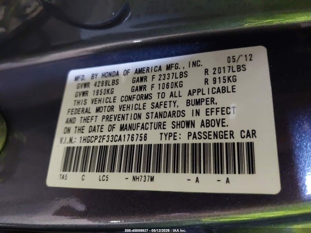 Aukcja sprzedaży 2012 Honda Accord 2.4 Lx, vin: 1HGCP2F33CA176756, numer aukcji: 45086927