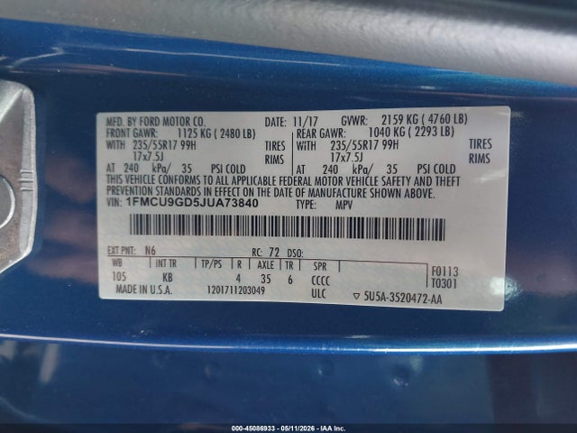45086933 :رقم المزاد ، 1FMCU9GD5JUA73840 vin ، 2018 Ford Escape Se مزاد بيع