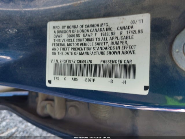 45086939 :رقم المزاد ، 2HGFB2F51CH501578 vin ، 2012 Honda Civic Lx مزاد بيع