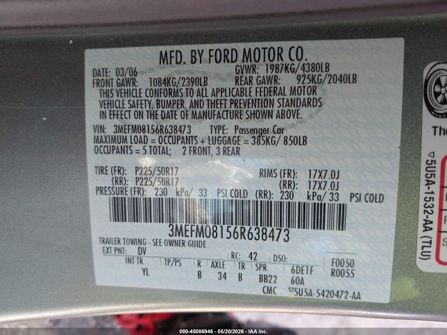 Aukcja sprzedaży 2006 Mercury Milan V6 Premier, vin: 3MEFM08156R638473, numer aukcji: 45086946