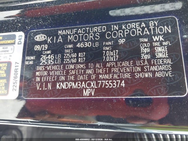 45086952 :رقم المزاد ، KNDPM3ACXL7755374 vin ، 2020 Kia Sportage Lx مزاد بيع