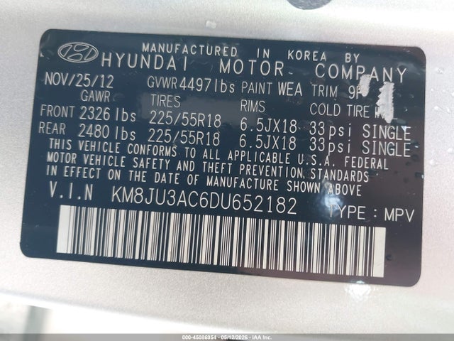 45086954 :رقم المزاد ، KM8JU3AC6DU652182 vin ، 2013 Hyundai Tucson Limited مزاد بيع