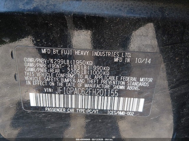 Aukcja sprzedaży 2015 Subaru Impreza 2.0i Premium, vin: JF1GPAC62FH201155, numer aukcji: 45086969