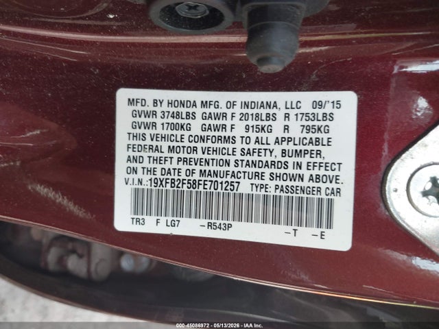 45086972 :رقم المزاد ، 19XFB2F58FE701257 vin ، 2015 Honda Civic Lx مزاد بيع
