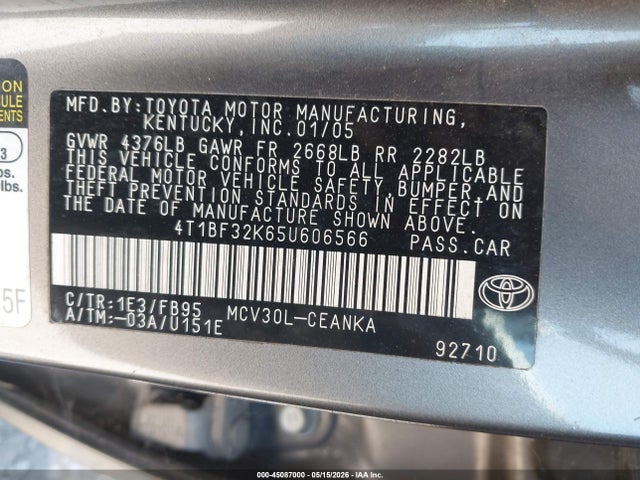 Продаж на аукціоні авто 2005 Toyota Camry Le V6, vin: 4T1BF32K65U606566, номер лоту: 45087000