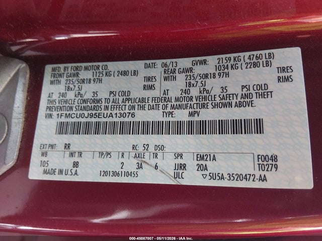 2014 Ford Escape Titanium მანქანა იყიდება აუქციონზე, vin: 1FMCU0J95EUA13076, აუქციონის ნომერი: 45087007