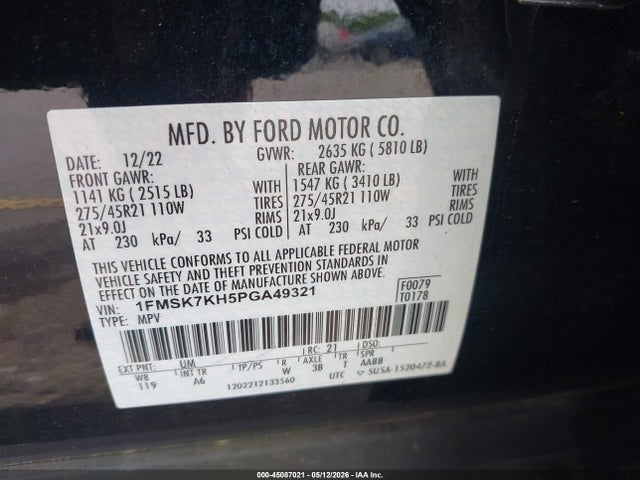 45087021 :رقم المزاد ، 1FMSK7KH5PGA49321 vin ، 2023 Ford Explorer St-line مزاد بيع