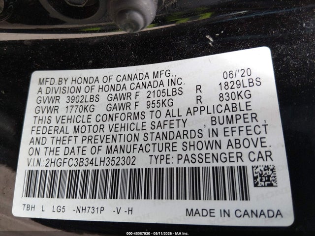 Aukcja sprzedaży 2020 Honda Civic Ex, vin: 2HGFC3B34LH352302, numer aukcji: 45087030