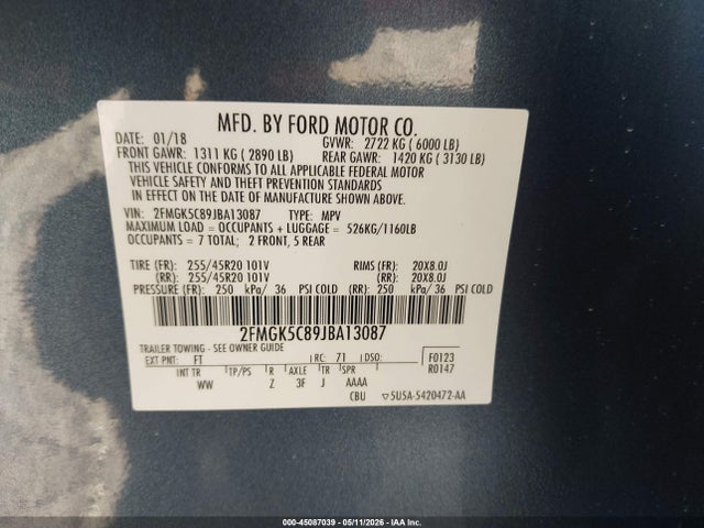 Продаж на аукціоні авто 2018 Ford Flex Sel, vin: 2FMGK5C89JBA13087, номер лоту: 45087039