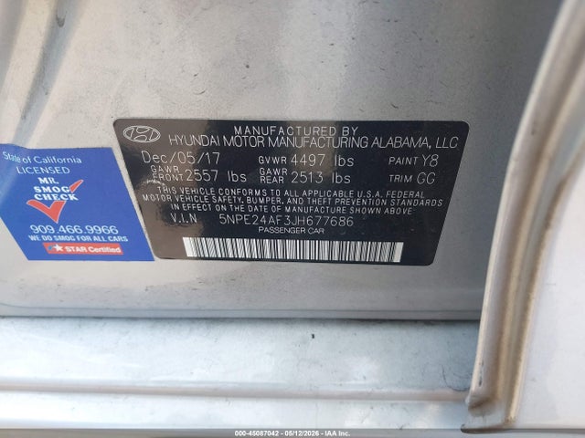 Aukcja sprzedaży 2018 Hyundai Sonata Se, vin: 5NPE24AF3JH677686, numer aukcji: 45087042
