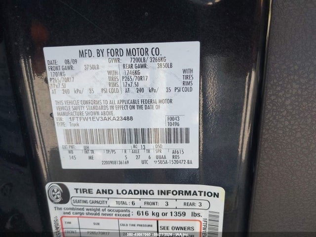 45087060 :رقم المزاد ، 1FTFW1EV3AKA23488 vin ، 2010 Ford F-150 Fx4/harley-davidson/king Ranch/lariat/platinum/xl/xlt مزاد بيع