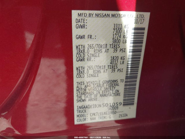 Продажа на аукционе авто 2018 Nissan Titan Sv, vin: 1N6AA1E59JN501059, номер лота: 45087061
