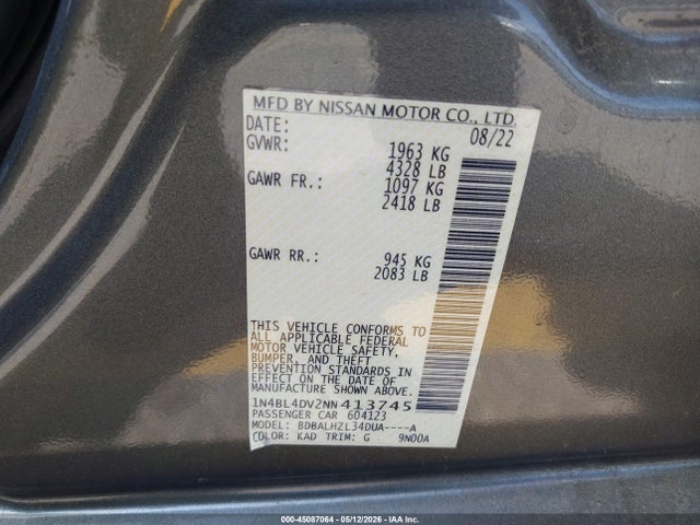 1N4BL4DV2NN413745 Nissan Altima Sv Fwd