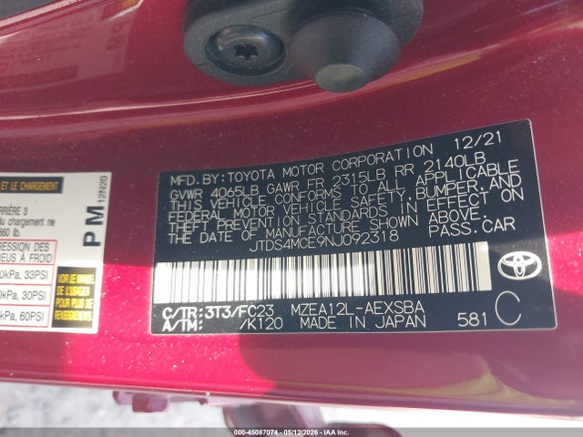 Aukcja sprzedaży 2022 Toyota Corolla Se, vin: JTDS4MCE9NJ092318, numer aukcji: 45087074