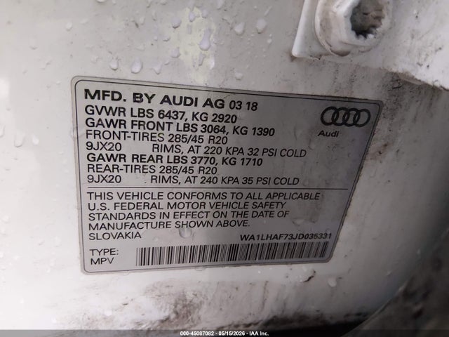 Продаж на аукціоні авто 2018 Audi Q7 2.0t Premium, vin: WA1LHAF73JD035331, номер лоту: 45087082