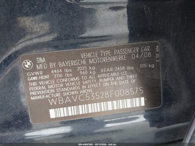 Aukcja sprzedaży 2008 Bmw 328i, vin: WBAVC53528F008575, numer aukcji: 45087083