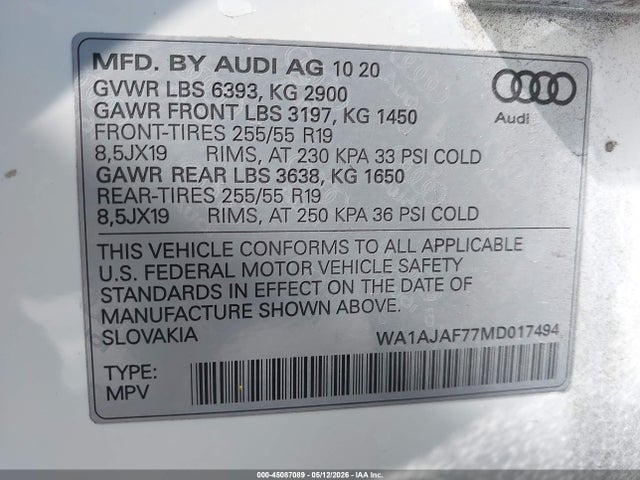 Продаж на аукціоні авто 2021 Audi Q7 Premium 45 Tfsi Quattro Tiptronic, vin: WA1AJAF77MD017494, номер лоту: 45087089
