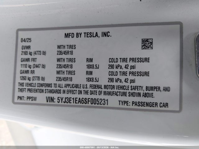Aukcja sprzedaży 2025 Tesla Model 3 Long Range Rear-wheel Drive/standard Rear-wheel Drive, vin: 5YJ3E1EA6SF005231, numer aukcji: 45087091