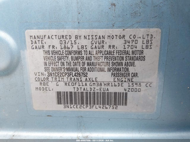 45087096 :رقم المزاد ، 3N1CE2CP3FL426752 vin ، 2015 Nissan Versa Note S (sr)/s Plus/sl/sr/sv مزاد بيع