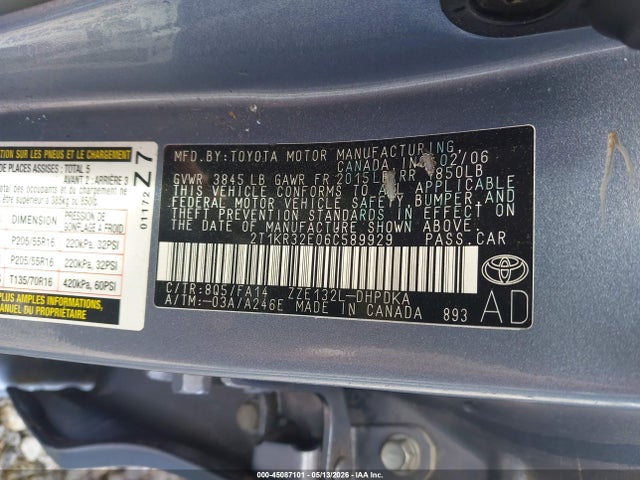 2006 Toyota Matrix მანქანა იყიდება აუქციონზე, vin: 2T1KR32E06C589929, აუქციონის ნომერი: 45087101