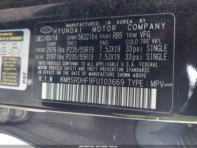 Продаж на аукціоні авто 2015 Hyundai Santa Fe Limited, vin: KM8SRDHF9FU103669, номер лоту: 45087104