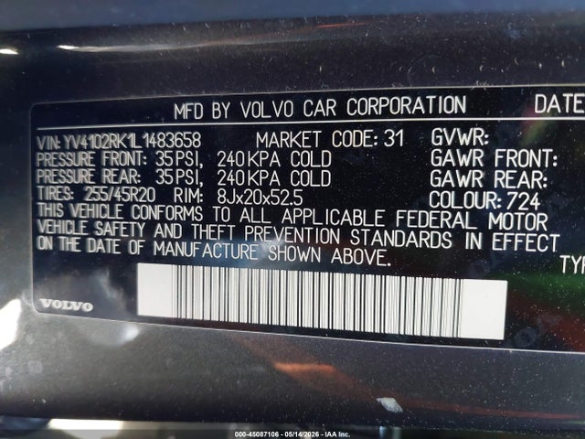 Aukcja sprzedaży 2020 Volvo Xc60 T5 Momentum, vin: YV4102RK1L1483658, numer aukcji: 45087106
