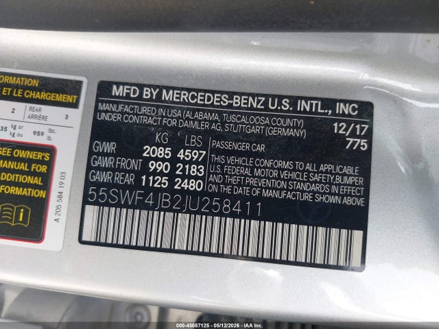45087125 :رقم المزاد ، 55SWF4JB2JU258411 vin ، 2018 Mercedes-benz C 300 مزاد بيع