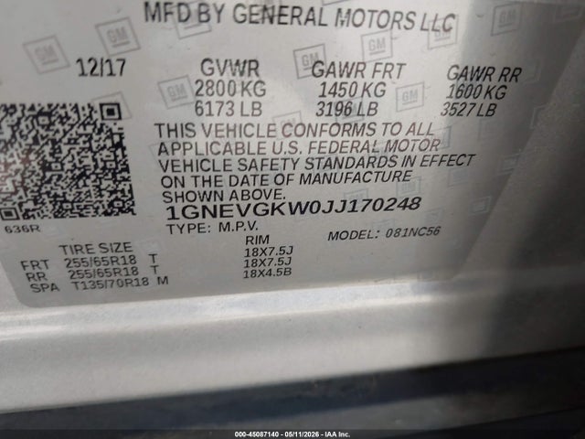1GNEVGKW0JJ170248 Chevrolet Traverse 1lt