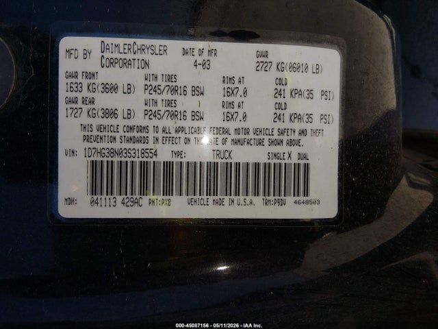 2003 Dodge Dakota Sport/sxt მანქანა იყიდება აუქციონზე, vin: 1D7HG38N03S318554, აუქციონის ნომერი: 45087156