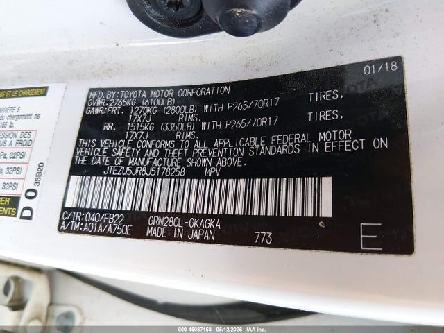 Aukcja sprzedaży 2018 Toyota 4runner Sr5, vin: JTEZU5JR8J5178258, numer aukcji: 45087158