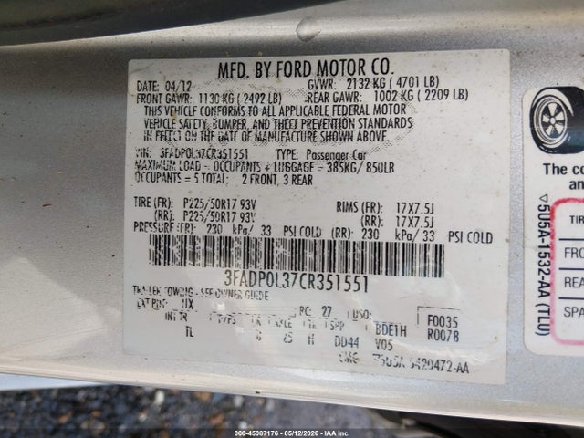 2012 Ford Fusion Hybrid მანქანა იყიდება აუქციონზე, vin: 3FADP0L37CR351551, აუქციონის ნომერი: 45087176