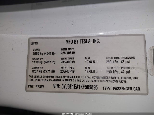 Aukcja sprzedaży 2019 Tesla Model 3 Long Range/mid Range/standard Range/standard Range Plus, vin: 5YJ3E1EA1KF509895, numer aukcji: 45087182